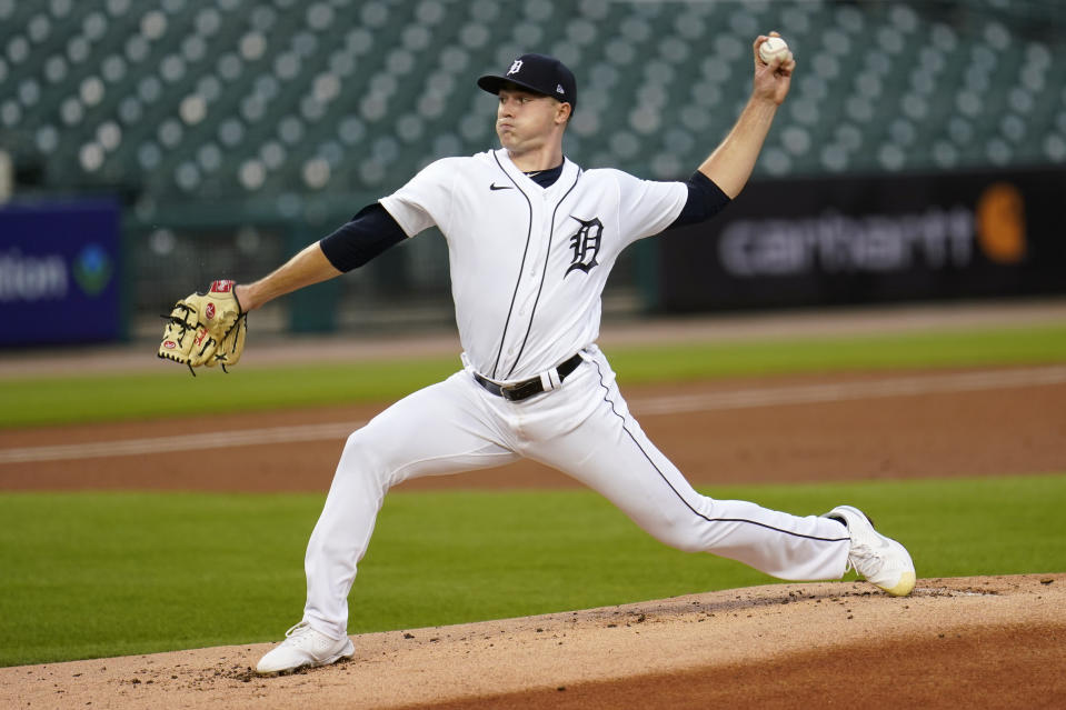 Detroit Tigers pitcher Tarik Skubal throws against the Kansas City Royals in the first inning of a baseball game in Detroit, Wednesday, Sept. 16, 2020. (AP Photo/Paul Sancya)