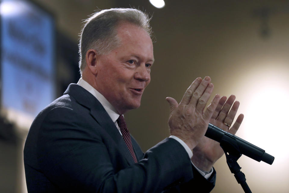 Bobby Petrino speaks after being introduced as the new NCAA college football head coach at Missouri State during a news conference Thursday, Jan. 16, 2020, in Springfield, Mo. Petrino has a 119-56 record in 14 seasons at Arkansas, Western Kentucky and Louisville and replaces Dave Steckel who was fired after winning just 13 games in five seasons. (AP Photo/Jeff Roberson)