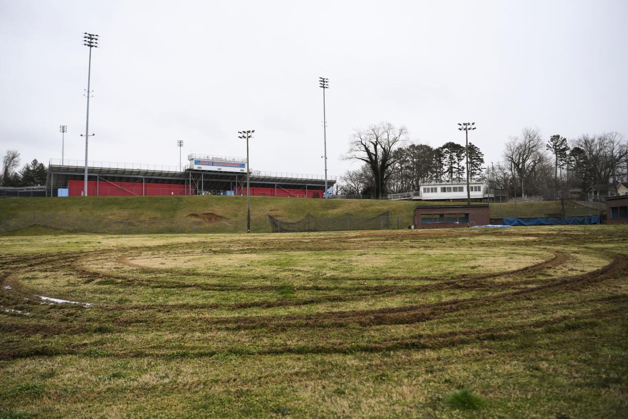 Tire tracks mar the playing surface of the baseball field at Austin-East Magnet High School in Knoxville. A vandal drove circles around the playing surface late Monday night.