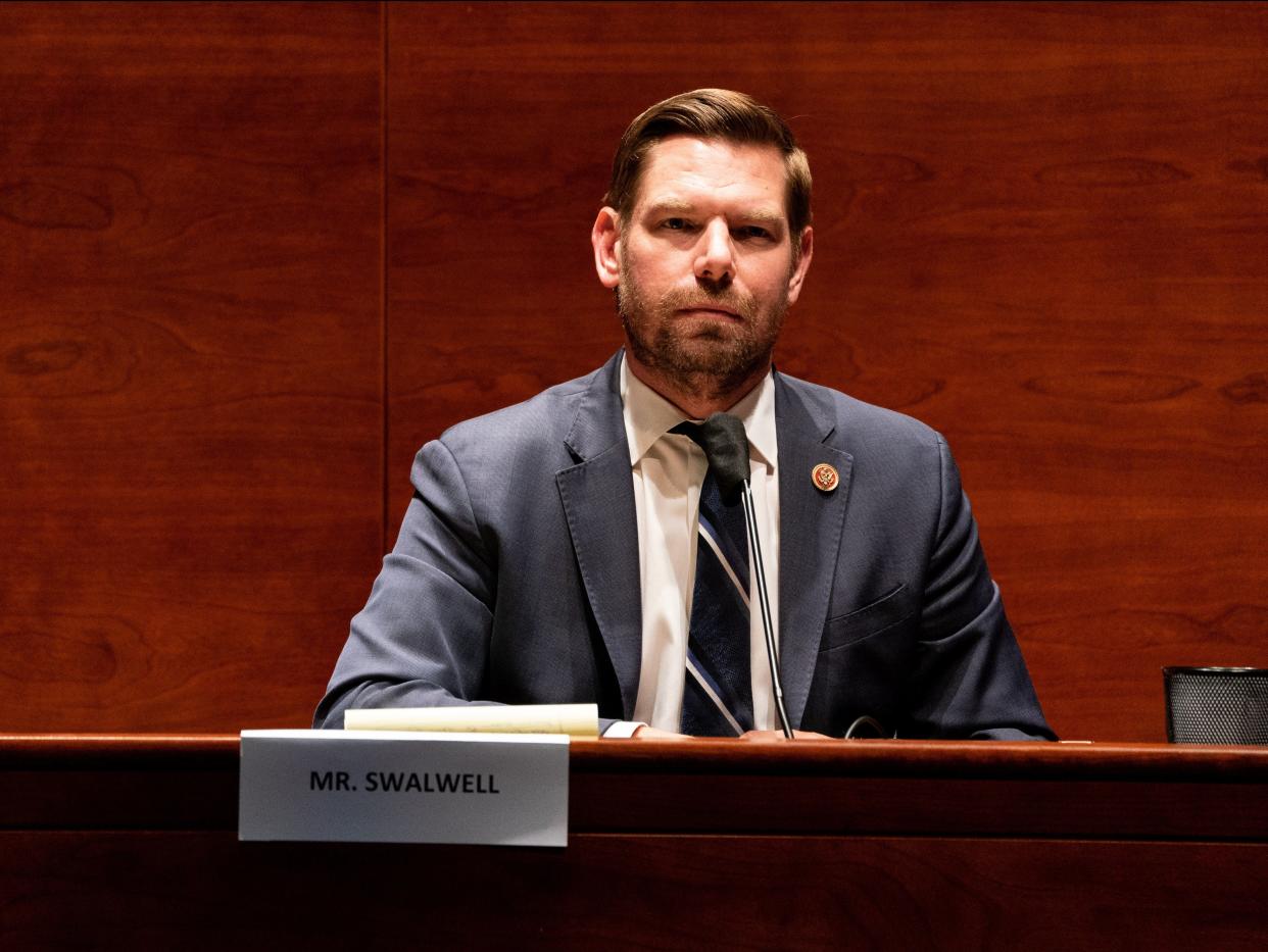 Representative Eric Swalwell (D-CA) listens during the House Judiciary committee hearing on “Oversight of the Department of Justice: Political Interference and Threats to Prosecutorial Independence”, on Capitol Hill on 24 June 2020 in Washington DC ((POOL/AFP via Getty Images))