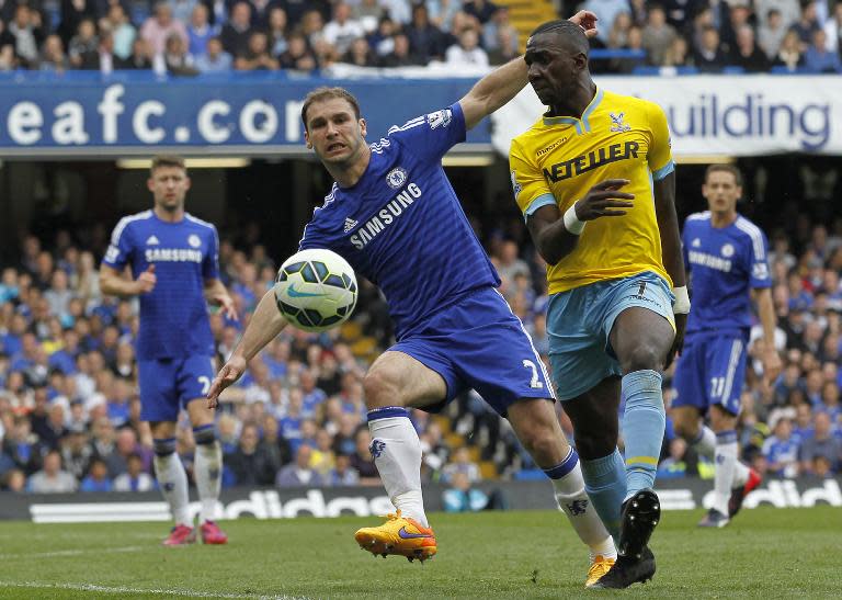 Chelsea defender Branislav Ivanovic (L) and Crystal Palace's Yannick Bolasie during their Premier League match at Stamford Bridge on May 3, 2015