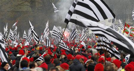 Protesters wearing red caps, the symbol of protest in Brittany and waving Breton regional flags, take part in a demonstration to maintain jobs in the region and against an "ecotax" on commercial trucks, in Carhaix, western France, November 30, 2013. REUTERS/Mal Langsdon