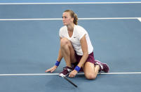 Petra Kvitova of the Czech Republic reacts after missing a shot during her semifinal match against Madison Keys of the United States at the Brisbane International tennis tournament in Brisbane, Australia, Friday, Jan. 10, 2020. (AP Photo/Tertius Pickard)