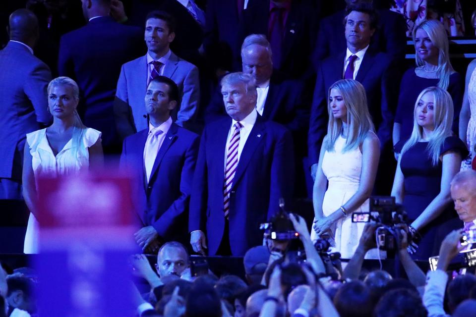 From left to right in foreground, Vanessa Trump, Donald Trump Jr., Republican presidential candidate Donald Trump, Ivanka Trump and Tiffany Trump stand as they listen to Sen. Ted Cruz, R-Texas, speak on the third day of the Republican National Convention on July 20, 2016 at the Quicken Loans Arena in Cleveland. (Photo: Win McNamee/Getty Images)