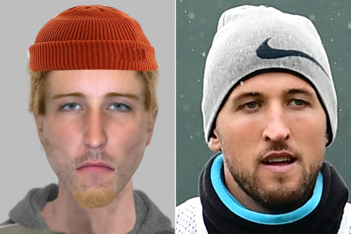 Police issued e-fit (left) and Harry Kane (right)  (Richmond Police/AFP)