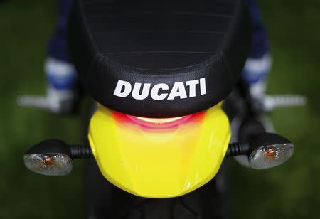 The logo of Ducati is seen on a Scrambler model in Rome, Italy, March 5 2016. REUTERS/Alessandro Bianchi/Files