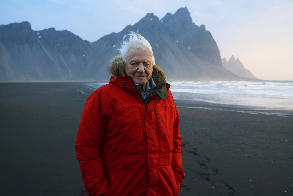 Sir David Attenborough filming at Stokksnes beach in Iceland for Seven Worlds, One Planet (Credit: BBC NHU)