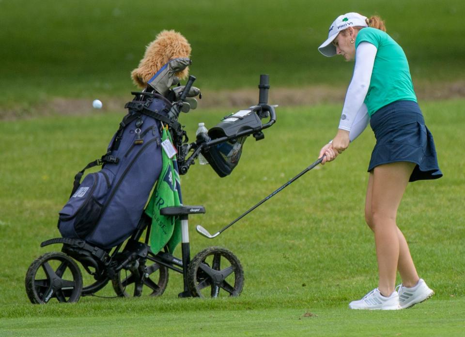 Peoria Notre Dame's Mackenzie Howard drives from the fairway on No. 9 during the Class 1A Girls Golf Regional on Thursday, Sept. 28, 2023 at Kellogg Golf Course in Peoria.