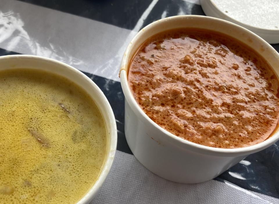 Soups like this Corn Green Chile Chowder and Roasted Tomato with Crab and Jalapeno are a specialty of chef Rhonda Uhlmann at StrEAT Side Take Out at 524 N Howe St, Southport, N.C.