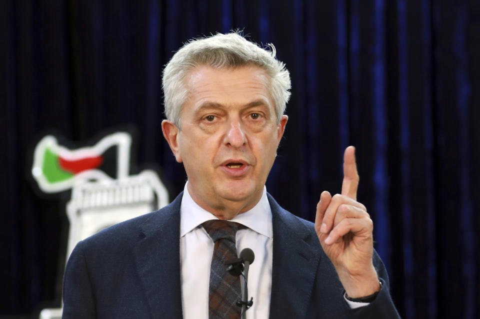 U.N. High Commissioner for Refugees Filippo Grandi speaks during a news conference in Kabul, Afghanistan, Tuesday, Nov. 17, 2020. (AP Photo/Rahmat Gul)