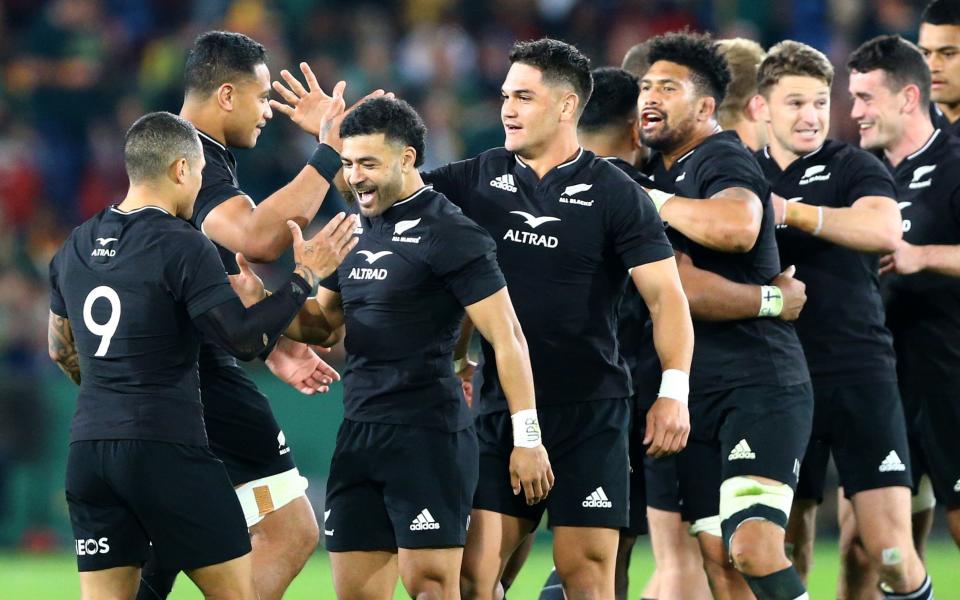 Players of New Zealand celebrate after winning against South Africa in a 2022 Rugby Championship match held at the Ellis Park Stadium, Johannesburg, South Africa, 13 August 2022 - KIM LUDBROOK/EPA-EFE/Shutterstock 