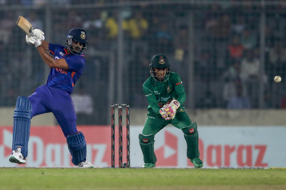 India's Axar Patel plays a shot during the second one day international cricket match between Bangladesh and India in Dhaka, Bangladesh, Wednesday, Dec. 7, 2022. (AP Photo/Surjeet Yadav)