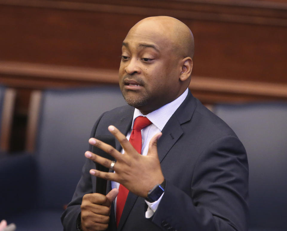 Sen. Oscar Braynon, D-Miami Gardens, debates a bill to allow teachers to be armed during a legislative session Wednesday April 17, 2019, in Tallahassee, Fla. (AP Photo/Steve Cannon)