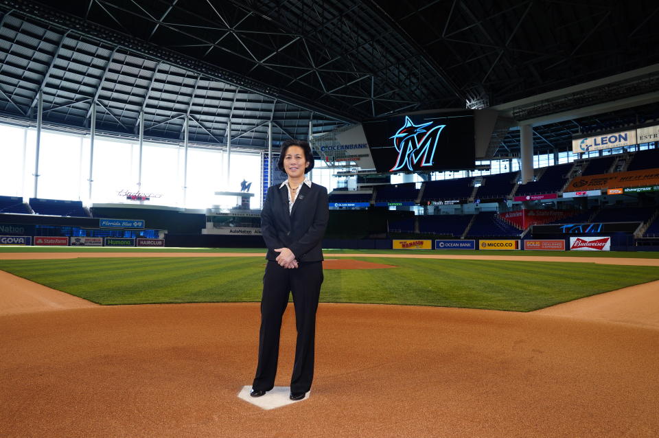 Nov 16, 2020; Miami, FL, USA;  Miami Marlins general manager Kim Ng poses for a photo at Marlins Park.  Mandatory Credit: Joseph Guzy/Miami Marlins Handout Photo via USA TODAY Sports