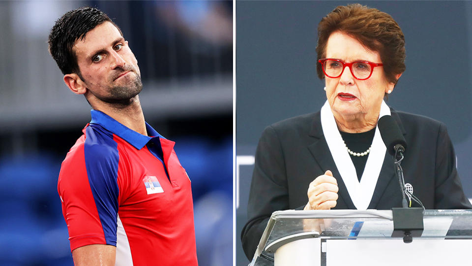 Tennis and equal rights icon Billie Jean King (pictured right) at the tennis hall of fame and (pictured left) Novak Djokovic getting frustrated at the Olympics.