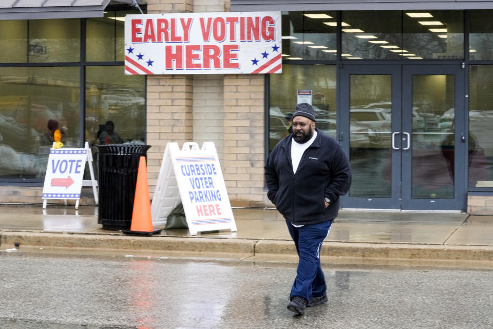 Dwayne Morgan walks away after casting an early ballot at a polling station Thursday, Feb. 9, 2023, in Milwaukee. For years, voting rights advocates have accused Wisconsin Republicans of pushing policies to suppress voters of color and lower-income voters. Morgan called it “the same old, same old” for the GOP in Milwaukee. “They’re trying to get us not to vote. They’re trying to wipe away the history,” he said. (AP Photo/Morry Gash)