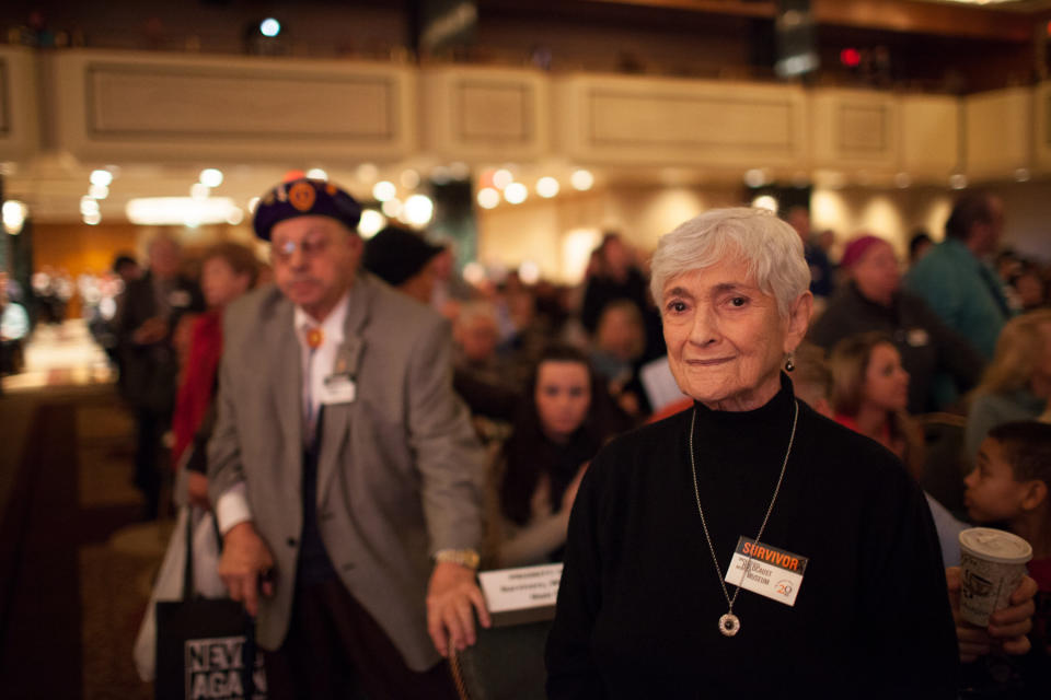 The Survivor is Yvonne Sokolow and the Veteran behind her is Adolph (Ralph) Panetta. Credit: Michael Priest for the United States Holocaust Memorial Museum  