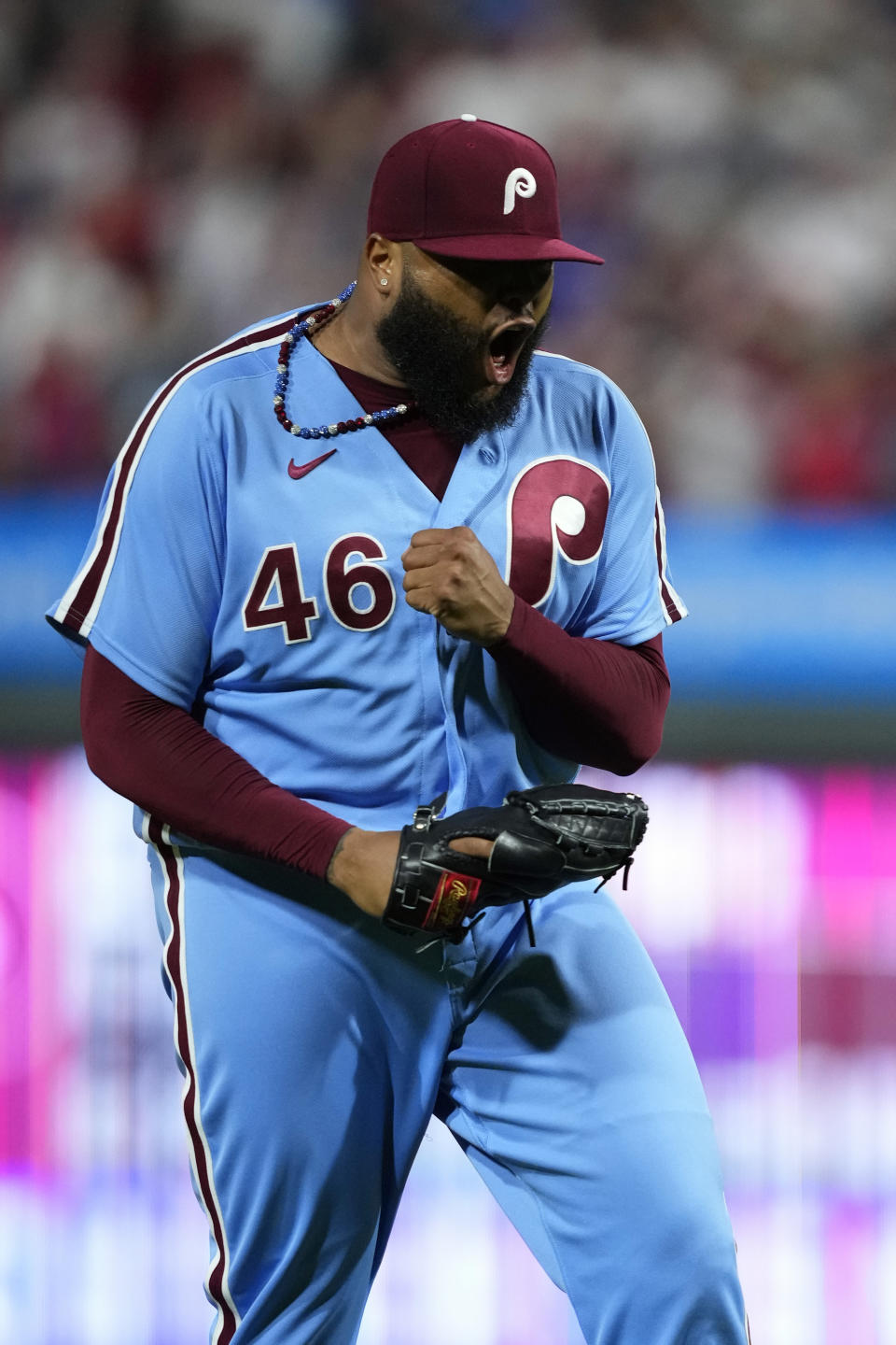 Philadelphia Phillies pitcher Jose Alvarado reacts after striking out New York Mets' Pete Alonso during the ninth inning of a baseball game, Thursday, Sept. 21, 2023, in Philadelphia. (AP Photo/Matt Slocum)