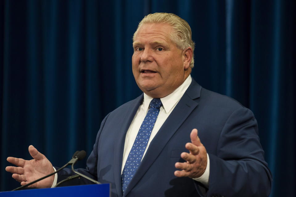 Ontario Premier Doug Ford speaks to reporters, in Toronto, on Monday, September 10, 2018. THE CANADIAN PRESS/Christopher Katsarov.