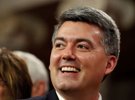 FILE PHOTO: U.S. Senator Cory Gardner (R-CO) smiles after he was ceremonially sworn-in by Vice President Joseph Biden in the Old Senate Chamber on Capitol Hill in Washington, DC, U.S., January 6, 2015. REUTERS/Larry Downing