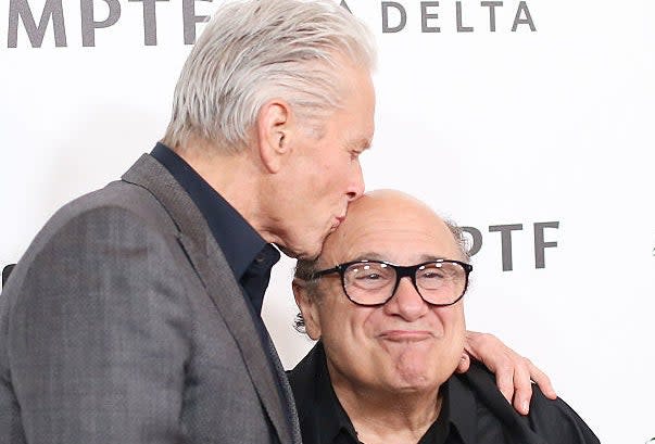 Closeup of Michael Douglas and Danny DeVito