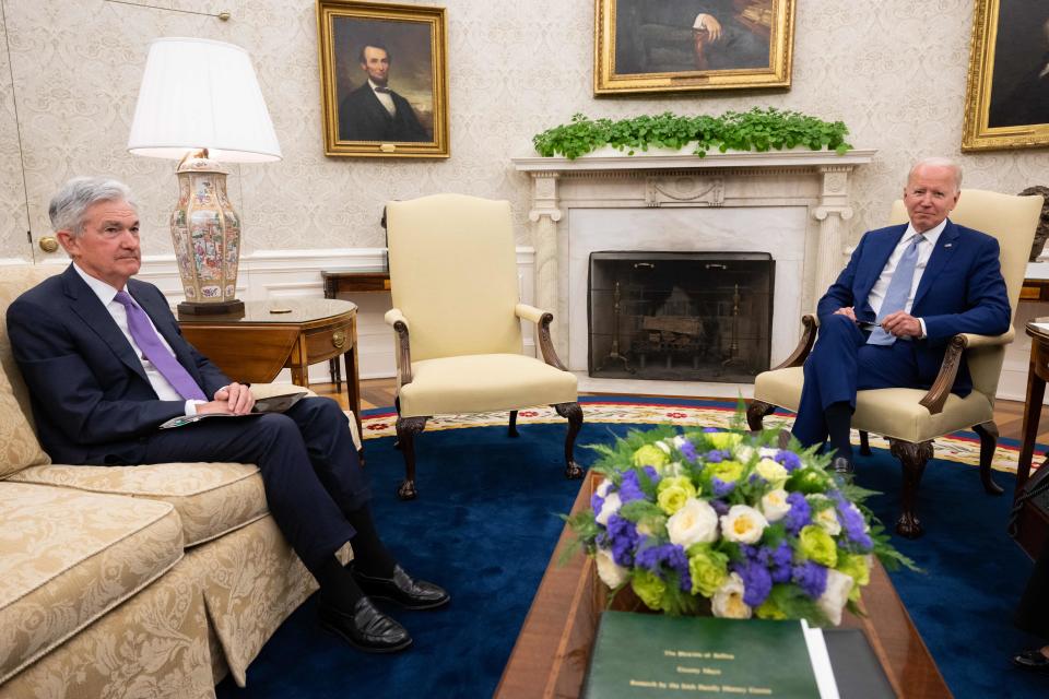 US President Joe Biden and Federal Reserve Board Chairman Jerome Powell meet in the Oval Office of the White House on May 31, 2022 in Washington, DC (Photo by: SAUL LOEB/AFP) (Photo by: SAUL LOEB/AFP via Getty) image)