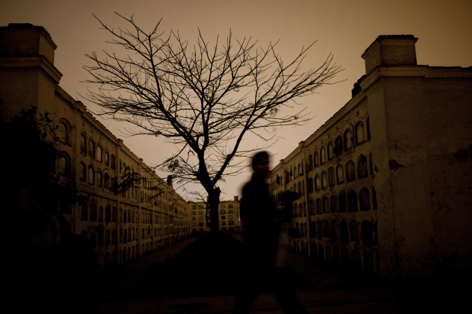 In this Nov. 10, 2012 photo, a leafless tree stands in the Presbitero Matias Maestro cemetery as a man walks by during a nighttime guided tour in Lima, Peru. Visitors to the 54-acre cemetery just 20 blocks from Lima's presidential palace, one of Latin America's oldest, are treated to tales about the people buried here in a three-hour, nighttime guided tour run by its owner, Beneficiencia de Lima. (AP Photo/Rodrigo Abd)