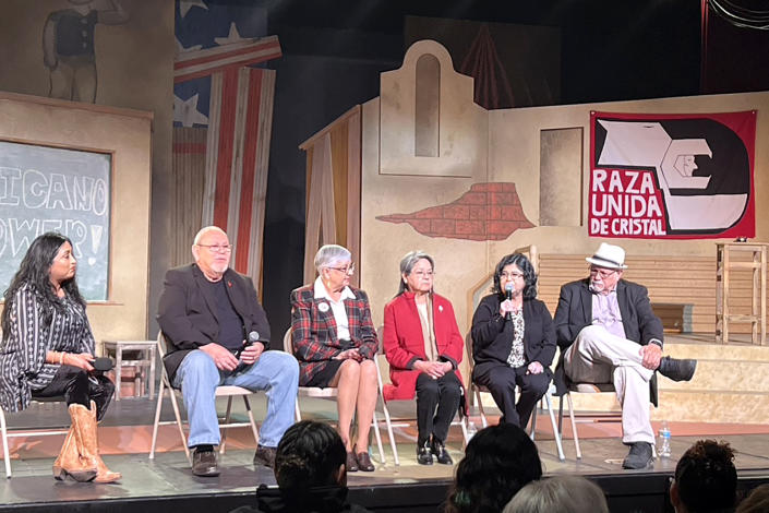 A play dramatizing the history made by former Crystal City students who staged walkouts to protest racism and unequal treatment was staged to sold out crowds. From left to right, panel moderator and blogger Melanie Mendez-Gonzales, attorney and professor Jose Angel Gutierrez (former student and walkout organizer), Diana Serna (Crystal City student leader), Diana Palacios (former cheerleader denied a position on the squad because there was already one Mexicana), Severita Lara (former student leader), Mario Treviño (fromer student leader). Credit: David Lozano, executive director Casa Mía Theater.  (Courtesy David Lozano)