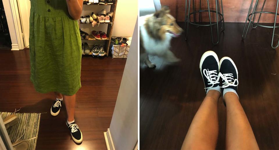 My sneakers, featuring a ghastly image of the dog who covers them in fur.