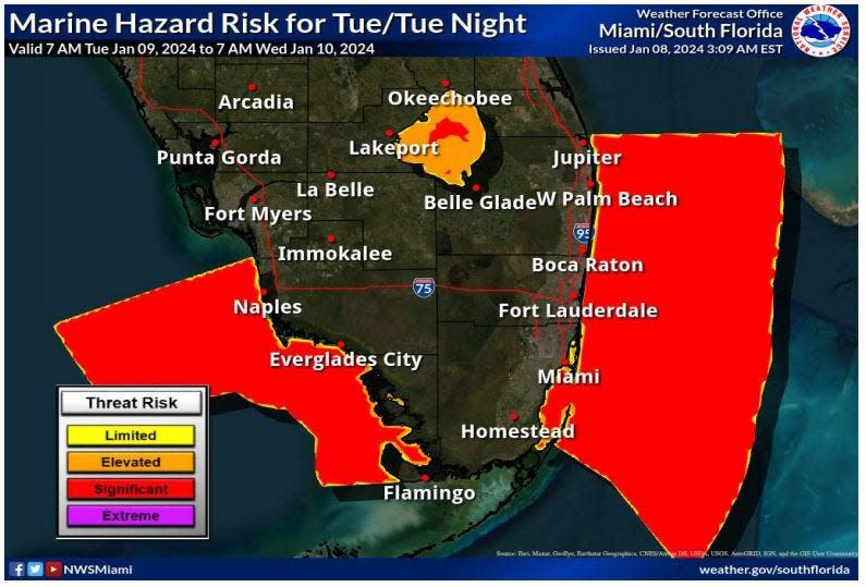 National Weather Service in Miami is warning of potential severe weather late Tuesday with another cool front descending through the state.