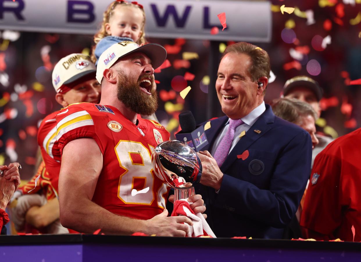 Chiefs tight end Travis Kelce belts out "Viva Las Vegas" as he celebrates the Chiefs' second straight Super Bowl championship.