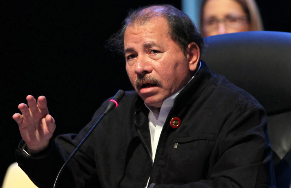 Nicaragua's President Daniel Ortega addresses the CELAC Summit on the second day of its meeting in Havana, Cuba, Wednesday, Jan. 29, 2014. On Tuesday, lawmakers in Nicaragua approved constitutional changes that would allow the indefinite re-election of Ortega who is currently serving his third term under a Supreme Court decision that overrode the constitutional ban. (AP Photo/Ismael Francisco, Cubadebate)