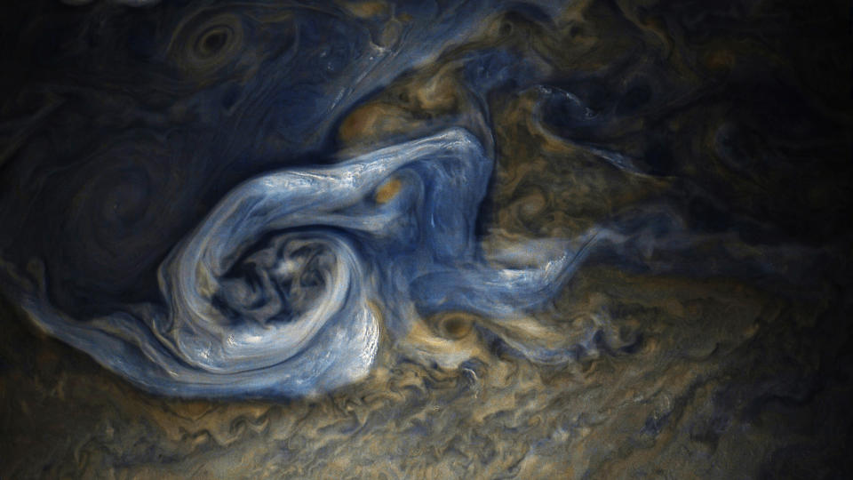 <p>This color-enhanced image of a massive, raging storm in Jupiter’s northern hemisphere was captured by NASA’s Juno spacecraft during its ninth close flyby of the gas giant planet on Oct. 24, 2017. (Photo: NASA/JPL-Caltech/SwRI/MSSS/Gerald Eichstädt/Seán Doran) </p>