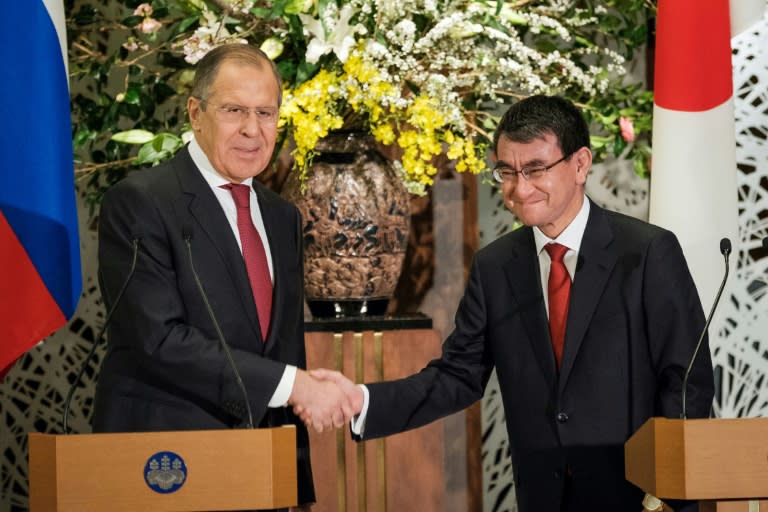 Japan's Foreign Affairs Minister Taro Kono, right, discussed a range of issues with his Russian counterpart Sergei Lavrov, including the spy poisoning in Britain and North Korea