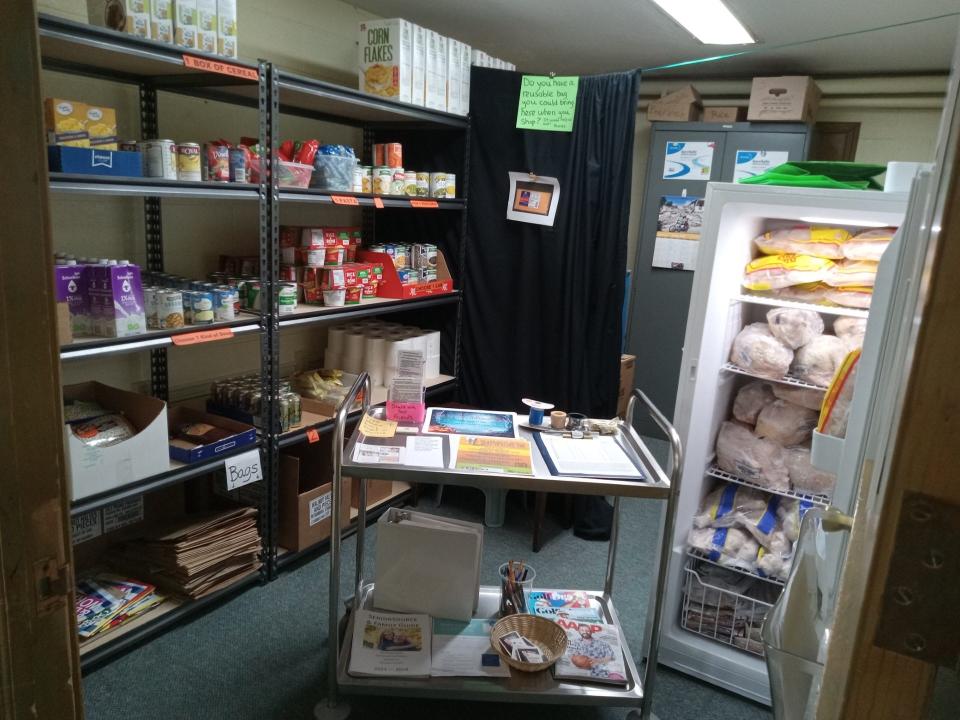 The 2 Fish 5 Loaves Food Pantry at Christ Lutheran Church is shown. The panty received a grant from Blue Cross Complete of Michigan and the United Dairy Industry of Michigan.