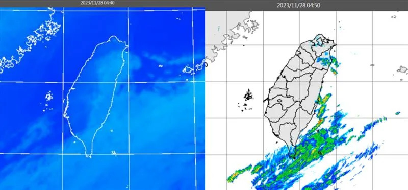 圖：28日4：40紅外線色調強化雲圖顯示，低層雲帶在台灣東南方海面(左圖)。4：50雷達回波合成圖顯示，台灣東南方海面有弱降水回波(右圖)。