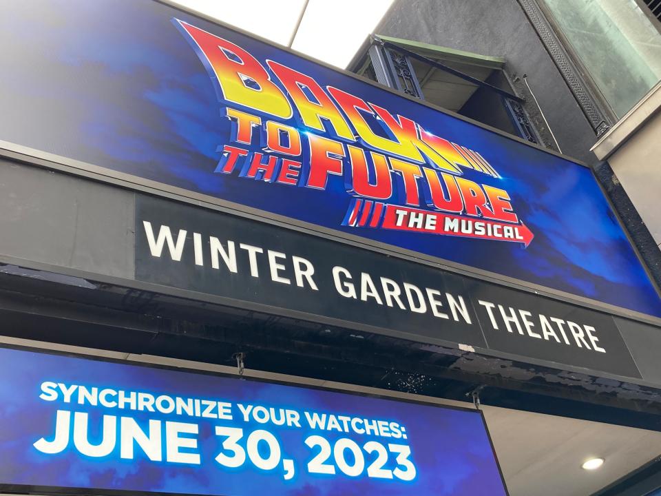 The marquee of the Winter Garden Theatre on Broadway, shown June 3, 2023, promotes "Back to the Future: The Musical," with a cast including Vermont natives Liana Hunt and Merritt David Janes.
