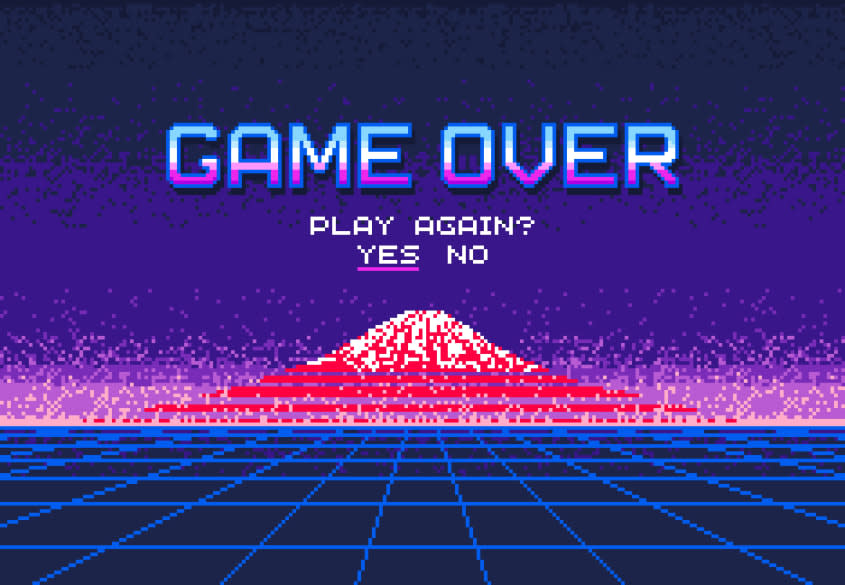 Pixel illustration of Play again question, 8bit arcade or old console final menu