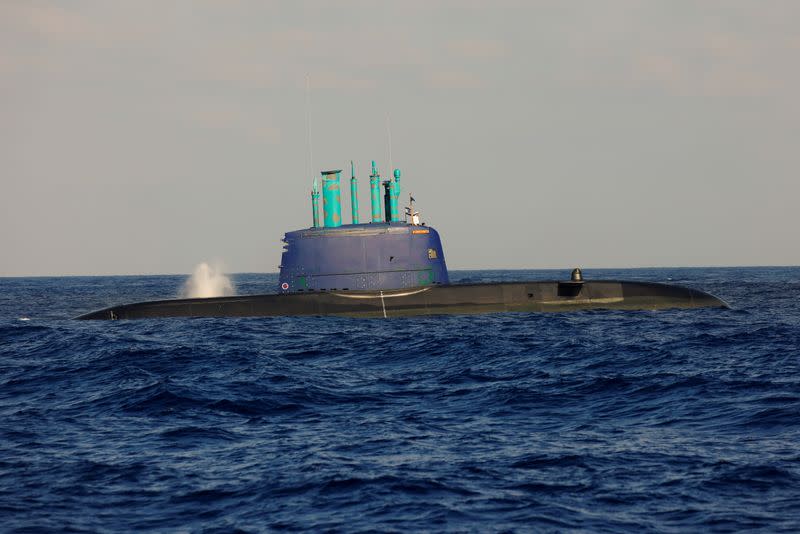 Israeli navy submarine Leviathan is seen during a naval manoeuvre in the Mediterranean Sea off the coast of Haifa