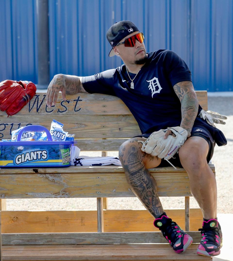 Detroit Tigers infielder Javier Baez waits for the start of practice during Spring Training Sunday, February 19, 2023.