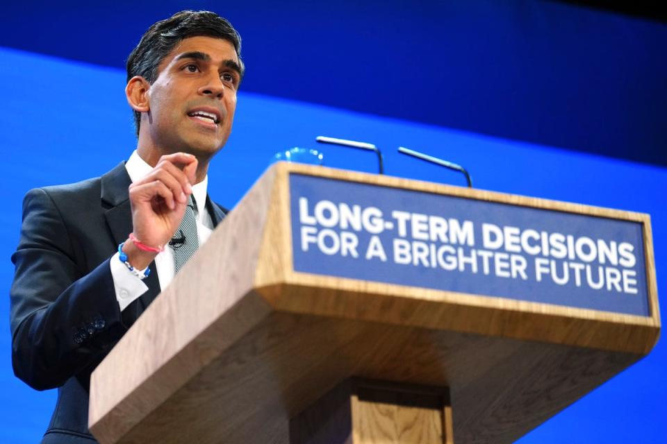 Britain’s Prime Minister Rishi Sunak speaks during the Conservative Party annual conference in Manchester (Copyright 2023 The Associated Press. All rights reserved)