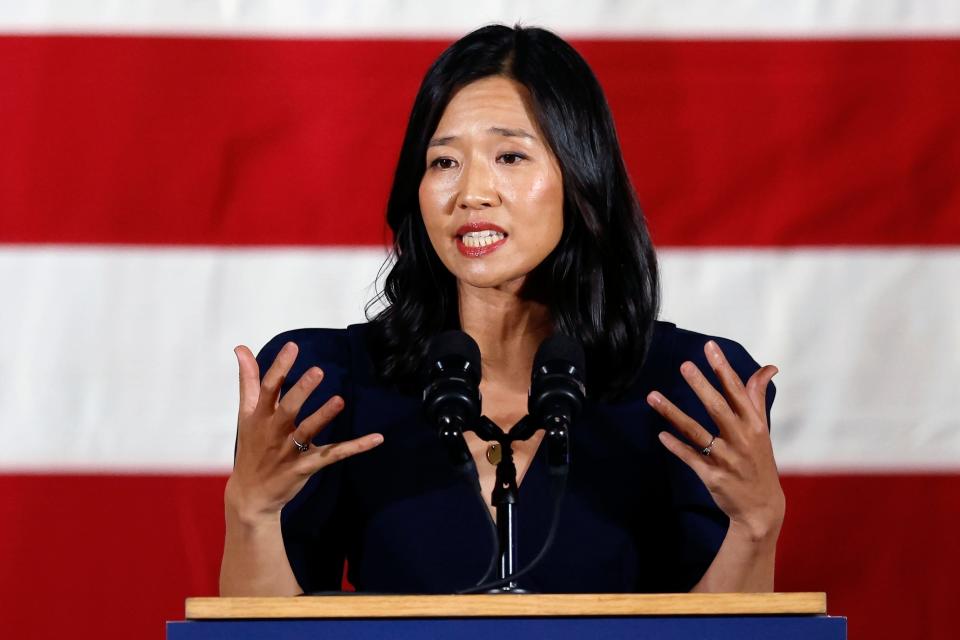 Boston Mayor Michelle Wu speaks during a Democratic election night party, Tuesday, Nov. 8, 2022, in Boston. On Wednesday, Dec. 20, 2203, Boston Mayor Michelle Wu plans to formally apologize on behalf of the city to Alan Swanson and Willie Bennett for their wrongful arrests following the 1989 death of Carol Stuart, whose husband, Charles Stuart, had orchestrated her killing.