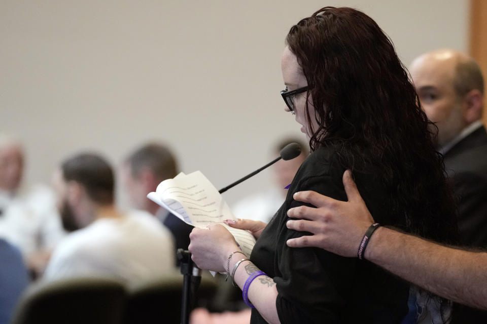 Crystal Sorey, mother of Harmony Montgomery, addresses the court during Adam Montgomery's sentencing hearing at Hillsborough Superior Court, Thursday, May 9, 2024, in Manchester N.H. Montgomery was found guilty of second-degree murder earlier in the year in the death of his 5-year-old daughter, Harmony, who police believe was killed nearly two years before she was reported missing in 2021 and whose body was never found. (AP Photo/Charles Krupa, Pool)