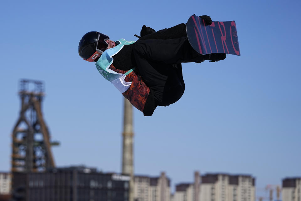 Sebastien Toutant of Canada competes during the men's snowboard big air qualifications of the 2022 Winter Olympics, Monday, Feb. 14, 2022, in Beijing. (AP Photo/Jae C. Hong)