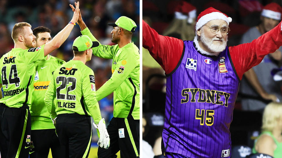 Sydney Thunder players are pictured high-fiving on the left, and a man dressed as Santa sporting a Sydney Kings jersey is pictured on the right.
