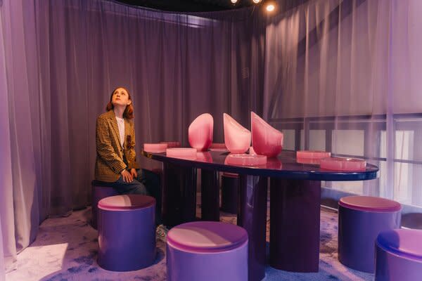 I’ll never forget how Athens-based design duo Objects of Common Interest took over the gallery’s atrium last year, so I was excited to discover their presence at this show, too. Behind the sheer curtain, I found an entire room drenched in Barney-purple, outfitted with a carpet, dining table, stools with squishy seats, and resin tablewares that would certainly set the scene for an interesting dinner party.