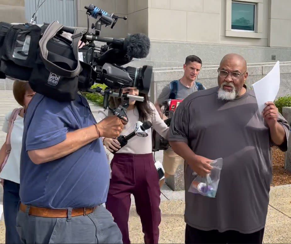 Cedric Lodge, 55, of Goffstown, N.H., former morgue manager at  Harvard Medical School, leaves a New Hampshire court on June 14, 2023.