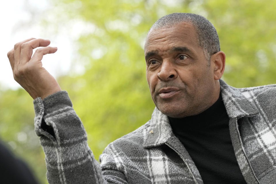 Former soccer player Mark Bright speaks to Associated Press during an interview in London, Wednesday, May 3, 2023. Former Premier League striker Bright, who is Black and regularly suffered racial abuse inside stadiums in the 1980s, was exchanging messages with friends on a WhatsApp group when three Black players for England — Bukayo Saka, Marcus Rashford and Jadon Sancho — missed penalties in a shootout loss to Italy in the 2020 European Championship final. "We all messaged each other and said, 'Oh God, here we go.' Because we know what's around the corner," Bright told the AP. "That's what we expected and this is where, once again, you say 'What can be done about it?' (AP Photo/Frank Augstein)