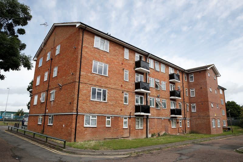 General view shows a block of flats where suspect was earlier apprehended following reported multiple stabbings in Reading