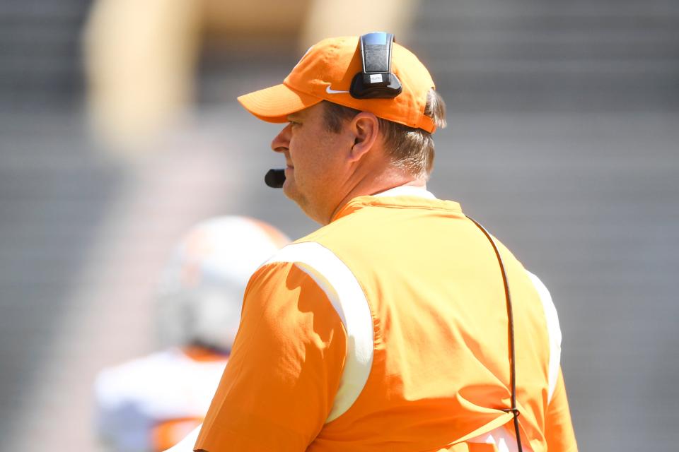 Tennessee Football coach Josh Heupel looks on during Tennessee football's Orange and White spring game at Neyland Stadium on April 15.